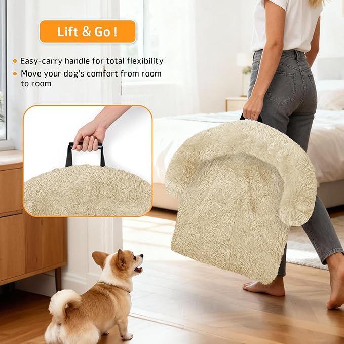 Calming Dog Bed Fluffy Plush Dog Mat for Furniture Protector with Removable Washable Cover for Large Medium Small Dogs and Cats (XS (31"x23.5"x5"), Beige)