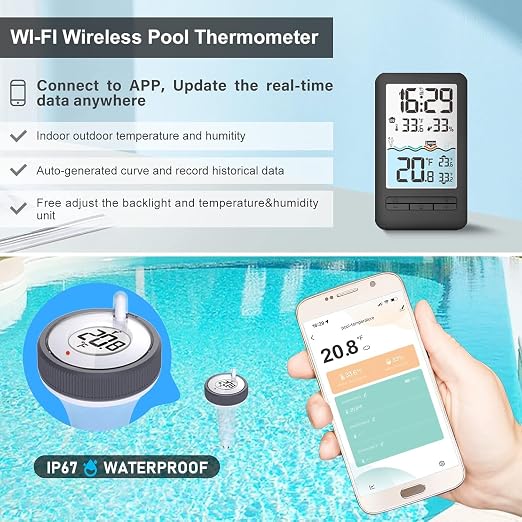 HEYAXA Wireless WiFi Pool Thermometer with 4-Inch Digital LCD Display, IPX8 Waterproof Floating Pool Thermometer, Real-Time Water Temperature Monitor for Swimming Pool, Spa, Hot Tub & Pond