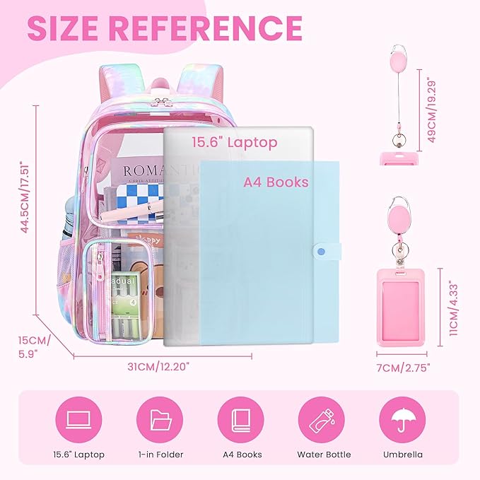 MUSEVOS Clear Backpack for School, Heavy Duty Clear Bookbag for Girls Boys Transparent Backpack with Badge Holder, Pink Tie-dye