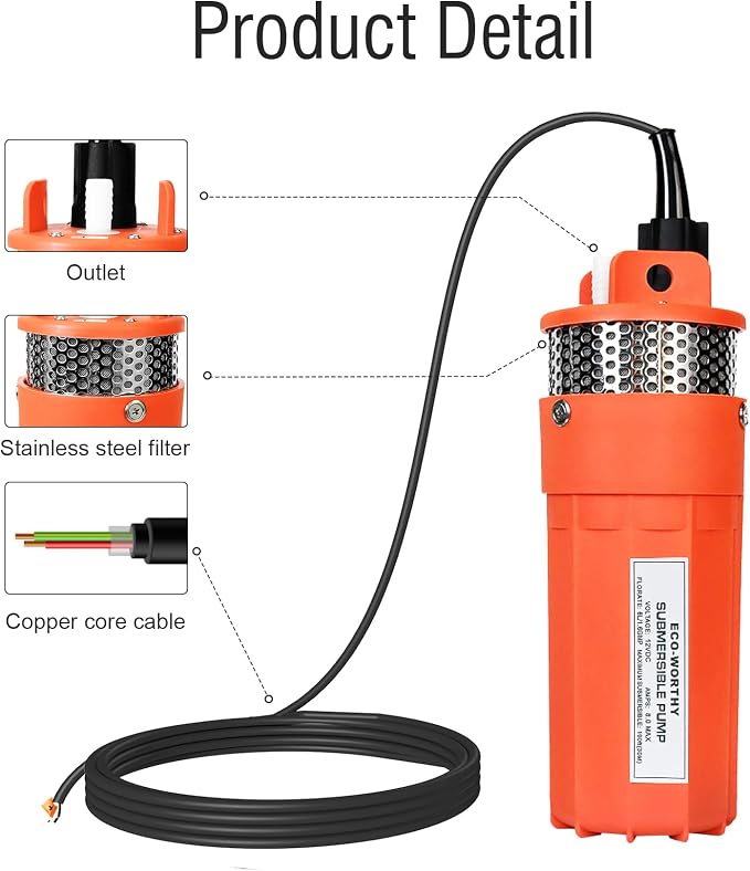ECO-WORTHY 12V DC Submersible Well Water Pump with 10ft Cable, Water Flow 1.6GPM, Max Lift 100ft/30m, 96W Deep Well Pump for Irrigation, farm, ranch, home