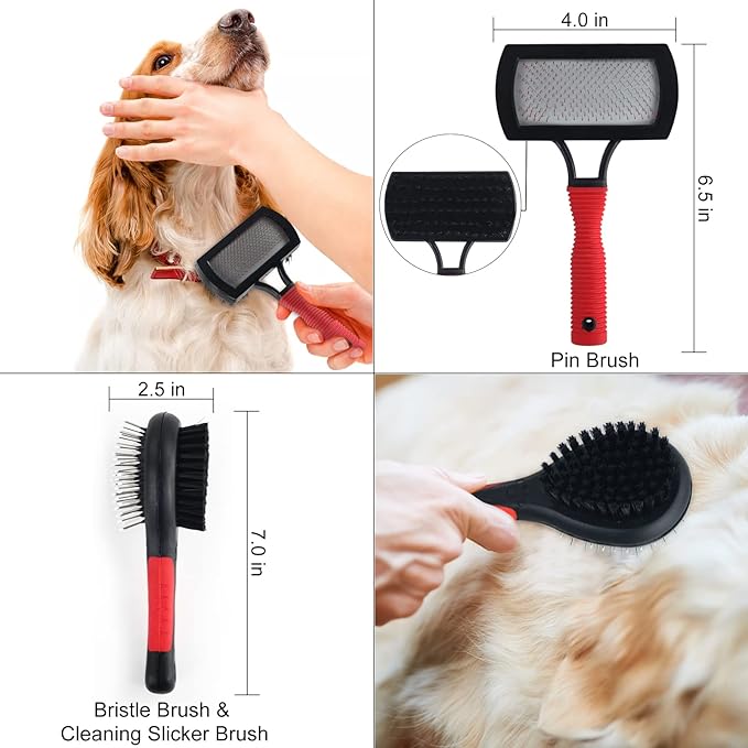 Wisedog Dog Grooming Kit 8PCS - Pin & Bristle Brush, Slicker Brush, Dematting Tool, Nail Clipper, Hair Removal Mitts, Flea Comb for Dogs and Cats (Reddish-black)