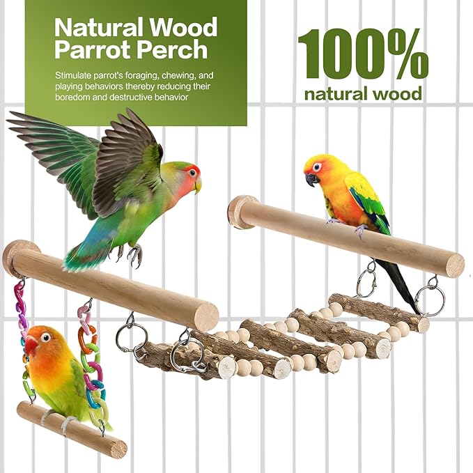 Bird Perches Ladder with Swing, Natural Wood Parrot Climbing Bridge Perch Toys,Wood Climbing Ladder for Parakeet, Exercise Play Stand Parakeet Cage Accessories for Budgie Conure Lovebird Canary,A