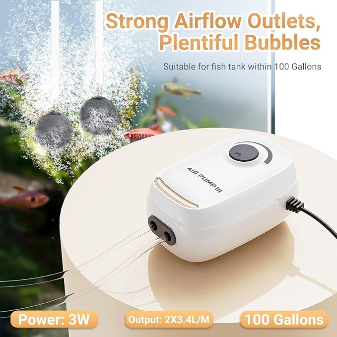MoonOrange 3W/6W Aquarium Air Pump, Adjustable Aquarium Aerator with 2-Outlet, Super-Powerful & Quiet Oxygen Pump for Fish Tanks up to 100/200 Gallon with Full Accessories.(Upgrade Noise-Reduce)