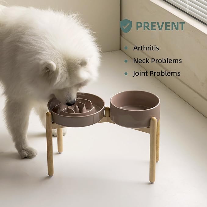 Havniva 3.2 Cup Ceramic Raised Slow Feeder Dog Bowl Set, Elevated 8.2inch Bowl and 9.5inch Puzzle Slow Food Dish with Wooden Stand for Large Dog, Anti-Gulping (2 x Brown Coffee+ Stand)