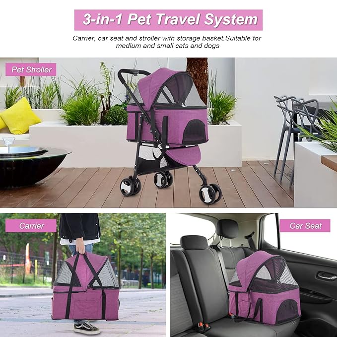 BestPet 3-Wheels Premium 3-in-1 Multifunction Pet Stroller for Medium Small Dogs & Cats - Detachable Carrier, Lightweight Folding Travel Stroller, Purple