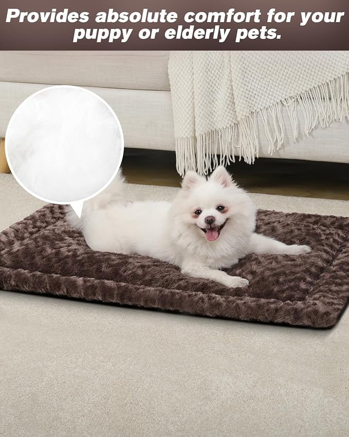 Washable Dog Bed Mat Crate Pad Soft Fluffy Pet Kennel Beds Dog Sleeping Mattress for Large Jumbo Medium Small Dogs, 30 x 19 Inch, Brown