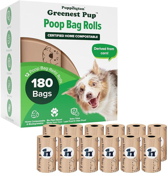 Puppington Certified Home Compostable Poop Bags - ASTM D6400 Compliant - Pairs with Puppington 3-in-1 Bag & Fits all Standard Poop Bag Dispensers (Latte Beige) (Latte Beige, 180 Bags)