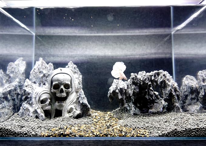 Allcolor Aquarium Skull Rock Decor, Skull Canyon for 10+ Gallon Tanks | A three-skull canyon centerpiece combines dark fantasy character with rugged rock texture.