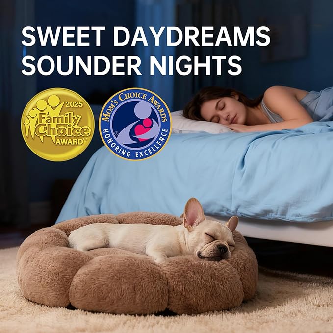 OhGeni 31 inches Calming Donut Dog & Cat Bed for Medium Pets, Warming Comfort Fluffy Short Pile Fur, Durable Waterproof Machine Washable Removable Cover, Cute Round Bed for Puppy, Camel