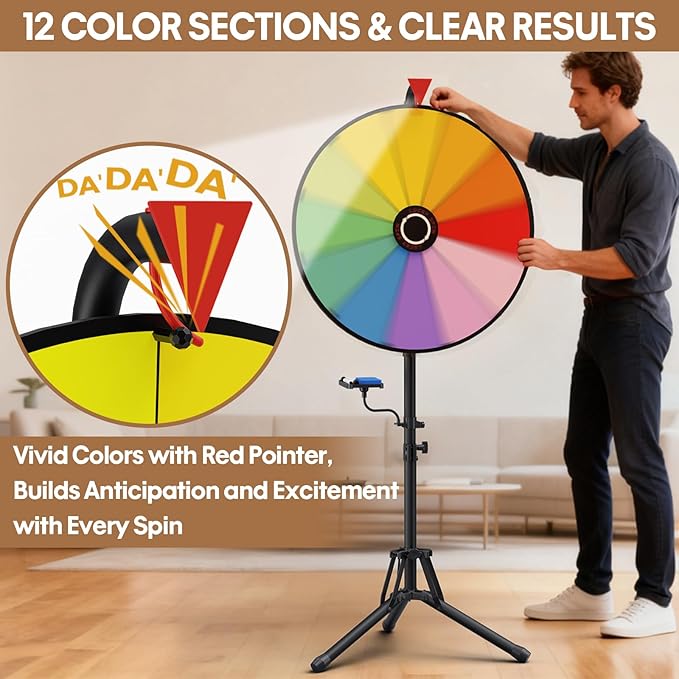KOOV 24 Inch Prize Wheel, Adjustable 55"-61" Height Spinning Wheel for Prizes, Storable Wheel Spinner with Stand- Roulette Wheel for Party Games, Carnival, Business Events & Classroom Activities