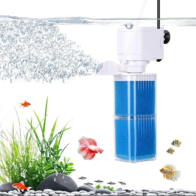 fishkeeper 4-in-1 Mutil Stage Aquarium Power Filter, 6W/8W/13W, 20-100Gal | Quiet Submersible Fish Tank Filter with Filtration/Bubbler/Oxygenation/Wavemaker Function, Adjustable Air Flow, Sponge Filter