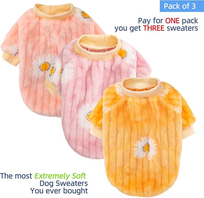 FabriCastle Small Dog Sweaters, 3-Pack Dog Clothes, Soft and Warm Pet Jackets for XXS XS S Dogs Girl & Cats, Winter Pet Apparel Costumes, Puppy Outfits for Christmas (Pink,Violet,Yellow, XX-Small)