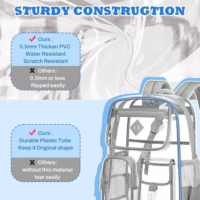 PIG PIG GIRL Clear Backpack for School,Heavy Duty PVC Transparent Bookbag for Girls Stadium Approved See Through Backpack