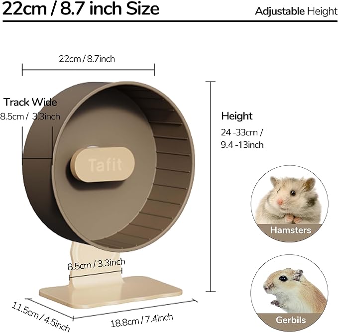Silent Hamster Wheel 8.7 Inch Dual-Bearings Small Animals Quiet Running Exercise Wheels, Height Adjustable for Dwarf Hamsters, Gerbils, Mice, Hedgehog, Lemmings, or Other Small Pets,Nut Brown