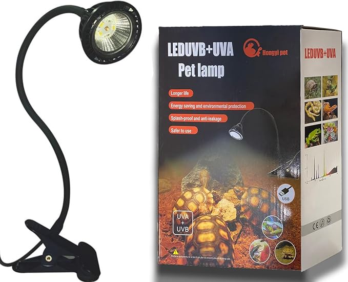 USB Powered Reptile Light UVA UVB 5.0 Basking Lamp with Holder - 360° Adjustable Metal Clamp for Turtle Tank, Lizards & Snakes | 5-12V Safe Voltage, 3W
