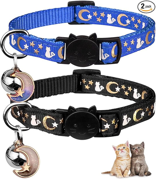 Baeuppit 2PCS Breakaway Cat Collars with Bell Cute Kitty Glow in The Dark Adjustable Kitten Collars 7.9-13.0 Inch(Bule&Black)