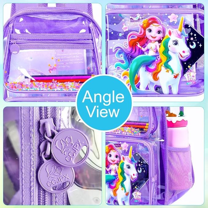 3Pcs Clear Backpack for girls, 16" Mermaid Unicorn Transparent Bookbag, Large See Through PVC School Backpacks with Lunch Box(Purple)