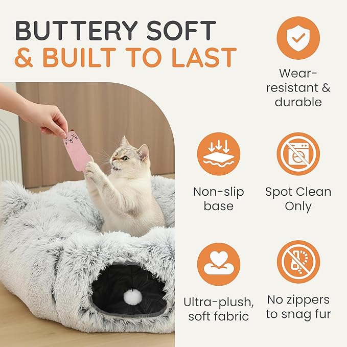3-in-1 Cat Tunnel Bed – Cat Tunnels & Cat Beds for Indoor Cats with Catnip Toys – Cat Bed Cave & Peekaboo Cat Hideaway – Foldable Interactive Cat, Kitty & Kitten Toys