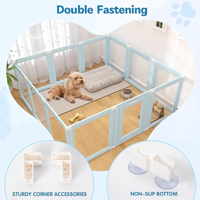 DIY Clear Acrylic Dog Playpen Indoor, Transparent Easy Cleansing Puppy Fence with Suction Cup, Easy-Assemble Indoor Whelping Crate for Small Puppies (23.6" H, 12PCS), Blue