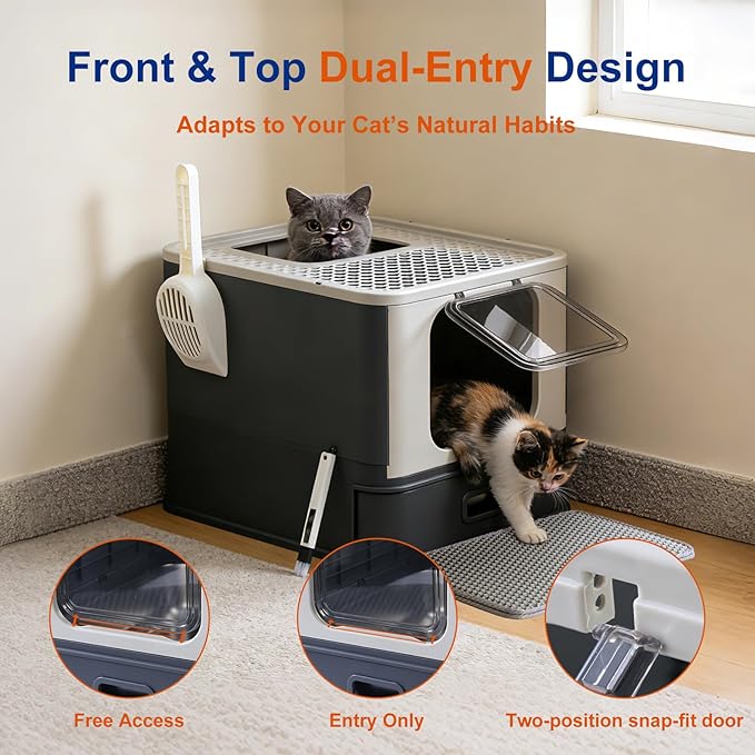 Marchul Stainless Steel Cat Litter Box with Lid & Drawer, Adjustable Front Entry Top Exit Kitty Box, Large Metal Covered Litter Box with Scoop & Litter Mat, Dark Gray