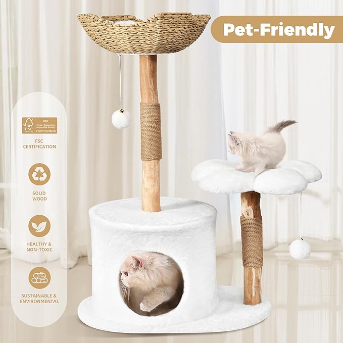 Easyego Modern Cat Tree, 36.6" Aesthetic Wood Cat Tree Tower for Large Cats, Luxury Cat Condo with Scratching Posts and Flower Platforms, Cat Furniture, White