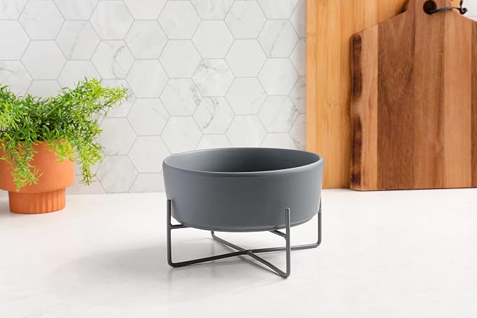 Waggo Simple Solid Dog Bowl and Dog Bowl Stand - Single Iron Stand with Single Ceramic Feeder or Water Bowl (Dolphin, Small)