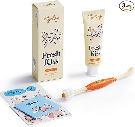 Flydog Fresh Kiss Dog Tooth Brushing Kit, Enzymatic Dog Toothbrush and Toothpaste- Vet Approved Formula, Breath Freshener & Tartar Remover, 360° Toothbrush for All Round Cleaning (Coconut Oil)