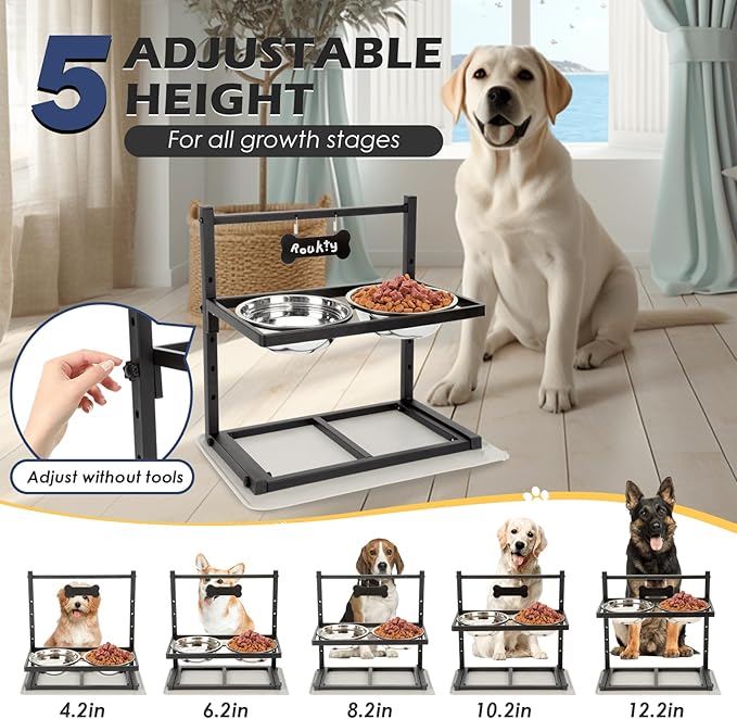 ADENGL Elevated Dog Bowls with Slow Feeder, 5 Adjustable Heights, Anti-Slip, Durable Metal Frame, Spill Proof Mat, Rust-Resistant Bowls, Easy to Clean
