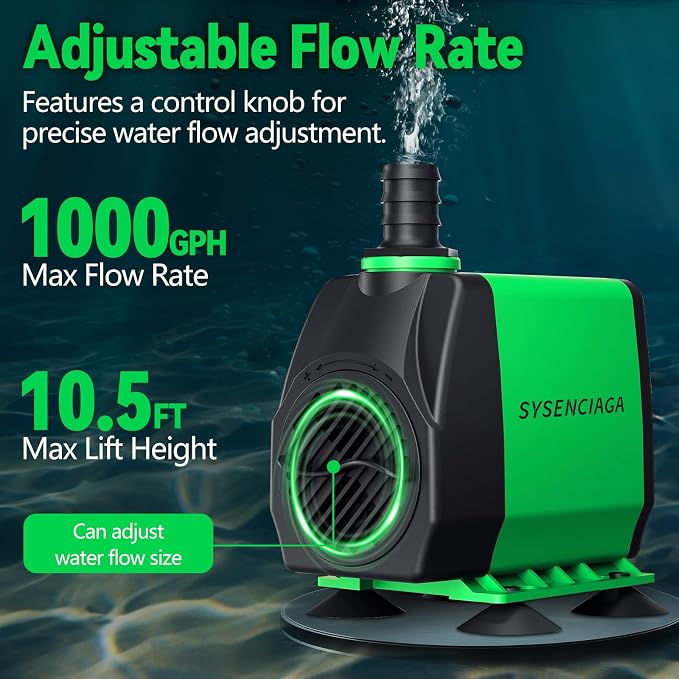 40W Fountain Submersible Water Pump 1000GPH | Adjustable Ultra Quiet, 3 Nozzles, 10.5ft High Lift, For Small Pond, Fish Tank, Waterfall, Outdoor, Hydroponics