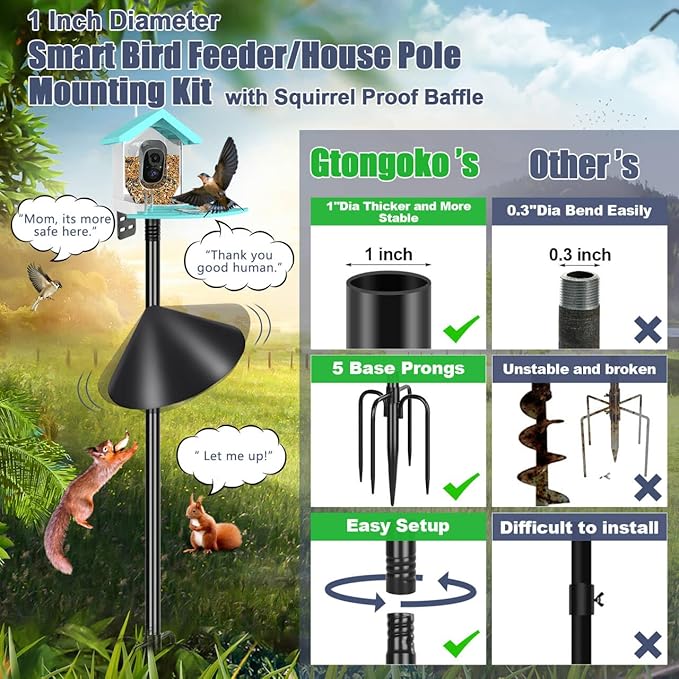 Gtongoko Smart Bird Feeder Pole Squirrel Proof 1-Inch Dia 79 Inch Bluebird House Pole for Outdoors Squirrel Baffles for Feeders Weather Station Heavy Duty Metal Mounting Kit Black