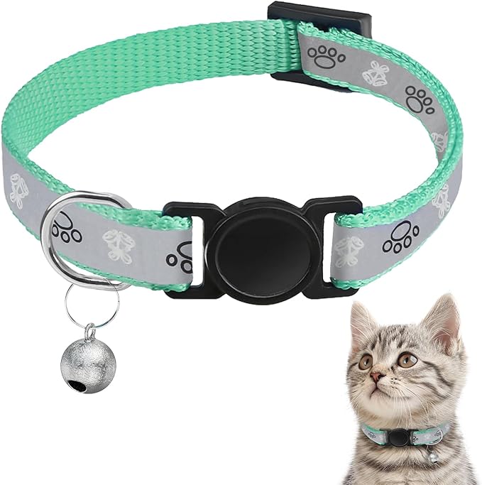 Cat Collar Breakaway, Reflective Kitten Collar with Bell, Safety Buckle Kitten Collar, Lightweight, Adjustable, Comfortable, Suitable for Boy Girl Cats (7"-13") Green