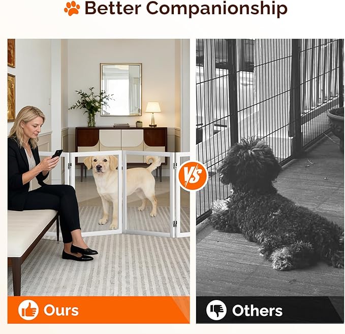 VINGLI Clear Acrylic Freestanding Dog Gate, Transparent Pet Fence with Solid Hardwood and Plastic Board, Pet Gates for Christmas Tree Stairs and Doorways (4 Panels)