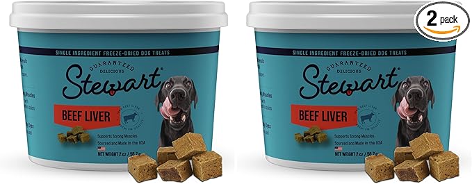 Stewart 100% Beef Liver Dog Treats,2 oz Tub,~45 Pieces,Freeze Dried Raw,Ingredient,50% Protein Training Treats or Meal Topper,Grain Free,Gluten Free,(Pack of 2)