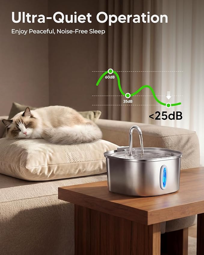 PEKTACO Stainless Steel Cat Water Fountain, 3.2L/108oz Cat Water Dispenser with Quiet Water Pump and Water-Level Window, Dishwasher Safe Pet Drinking Fountain for Cats with 6 Filters + 6 Sponges