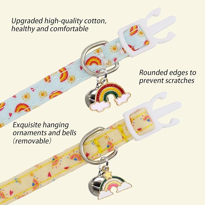 Cat Collars for Girl Cats & Boys, 2 Pack Soft Cotton Breakaway Collar with Removable Bell and Cute Charms, Adjustable Safety Pet Necklace, Rainbow