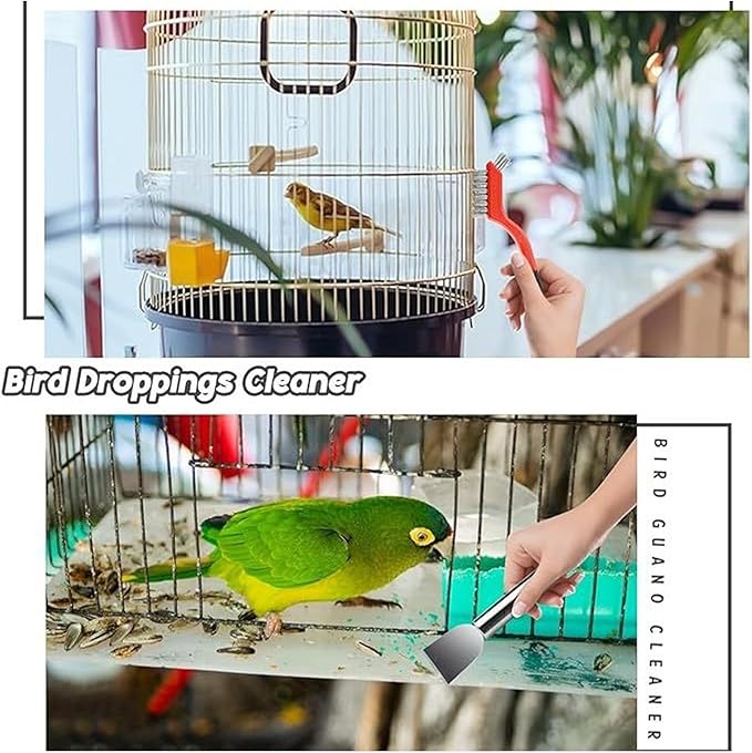 Luqeeg 7Pcs Bird Cage Cleaning Tools Set, Fork Brush Scraper Broom Dustpan Gloves Kit, Stainless Steel Bird Droppings Scraper Tool for Parakeet Items Small Animal Cage Cleaning