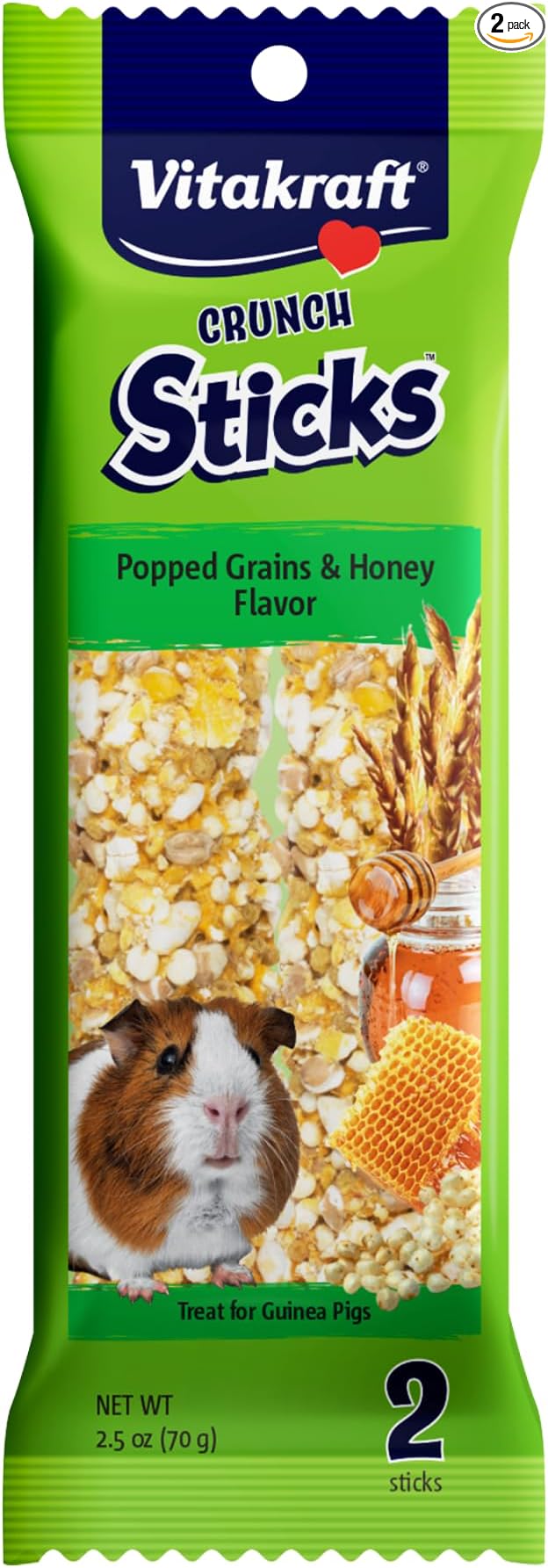 Vitakraft Crunch Sticks Guinea Pig Treat – 2 Sticks - Popped Grains And Honey Flavor – Triple-Baked With Natural Wood Center – Nutritious Coating for Added Vitamins And Minerals – Cage Clip Holder