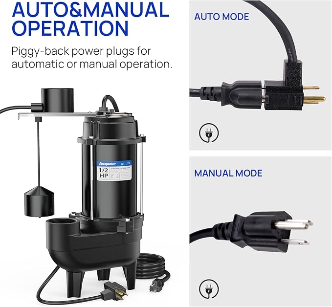 Acquaer Sewage Pump, Cast Iron, Automatic Tethered Float Switch, Sewage Effluent Pump for Sump Basin, Basement, Residential Sewage, 2'' NPT Discharge, Deep Black