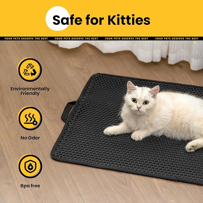 Cat Litter Mat Compact Size 23.6"x14.6" for Small Spaces, Upgrade Waterproof Leakproof Back Layer, Honeycomb Trapping Mat, Washable, Easy to Clean, Scatter Control Kitty Litter Matt, Black, 2 Packs