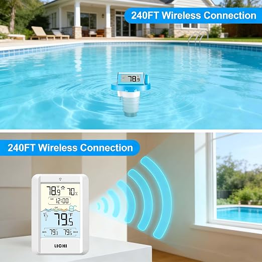 Solar Wireless Floating Pool Thermometer - Upgraded IPX8 Waterproof Easy Read Digital Thermometer with Time, Indoor Temperature & Humidity Monitor for Swimming Pools, Spas, Hot Tubs (Blue 2-piece set)