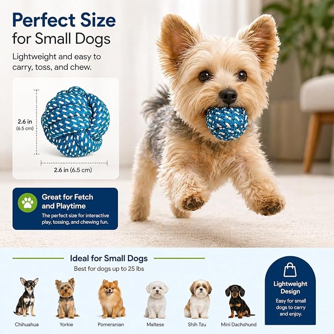 Cotton Rope Dog Ball Toy – Durable Braided Chew & Fetch Ball for Small to Medium Dogs – Natural Teeth Cleaning, Random Colors (Random Blue)