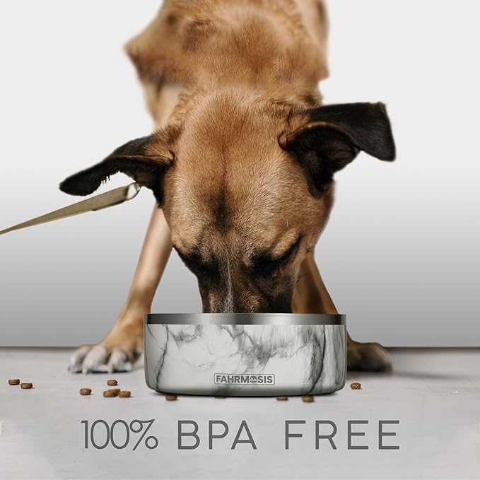 FAHRMOSIS 64 OZ Dog Bowl with Slow Feeder Insert Stainless Steel Pet Water Bowl for Medium & Large Breed Non Slip Rubber Base & Plastic Puzzle Feeder - White Marble
