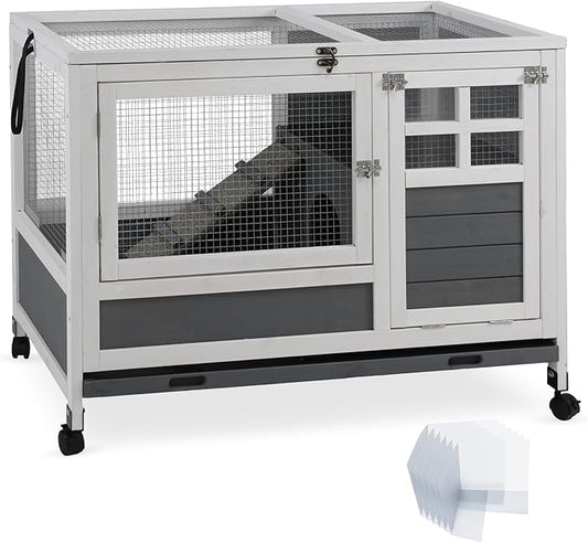 Rabbit Hutch Indoor Rabbit Cage with Chew-Proof Ramp & Leak-Proof Trays Urine Guards/Netting Floor,Doors.37 Wooden Rabbit Cage with Wheels for Rabbits, Guinea Pigs Small Animal