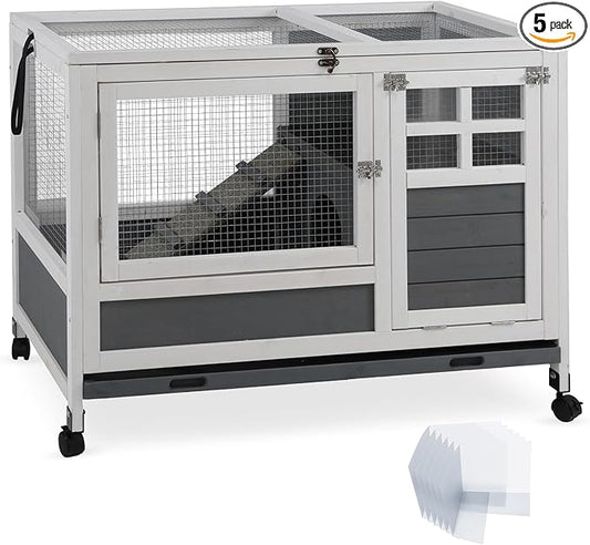 Rabbit Hutch Indoor with Chew-Proof Ramp & Leak-Proof Trays Urine Guards/Netting Floor,Doors.37 Wooden Rabbit Cage with Wheels for Rabbits, Guinea Pigs Small Animal
