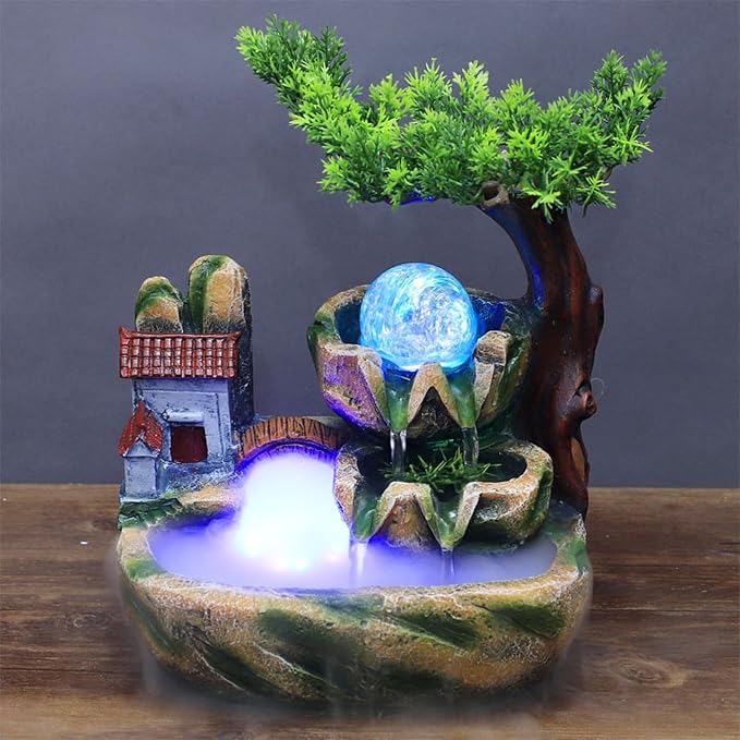 Indoor Fountain Rockery Tabletop Fountain with an Atomizer Elaxation | Water Feature Meditation Desktop Fountains for Home Office Decor or Giving 7.9' x 5.9'' x 9.8'' with LED Light & Fish Bowl