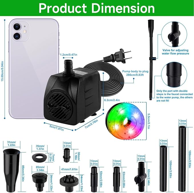 15W 800L/H Submersible Fountain Pump with LED Lights, Adjustable Quiet Water Pump, Pond Fountain Pumps for Water Feature, Garden, Aquarium Fish Tank, Indoor Outdoor Fountain with 3 Type Nozzles