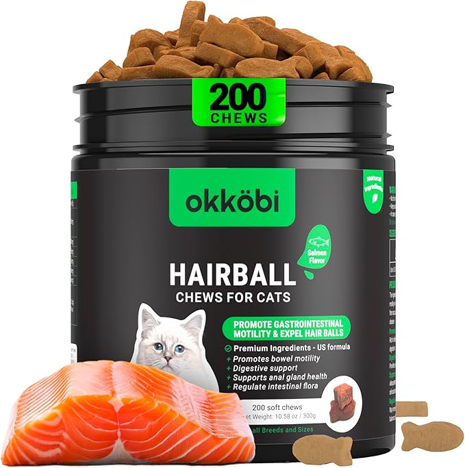 Cat Hairball Remedy Treats - 200 Chews - Cat Hair Ball - Supports Digestion, Skin & Coat Health - Hairball Control for Kitty - Helps to Prevent Furball - Salmon Flavor