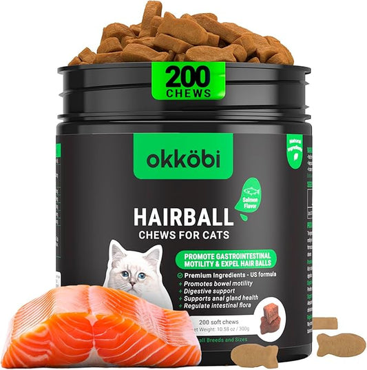 Cat Hairball Remedy Treats - 200 Chews - Cat Hair Ball - Supports Digestion, Skin & Coat Health - Hairball Control for Kitty - Helps to Prevent Furball - Salmon Flavor