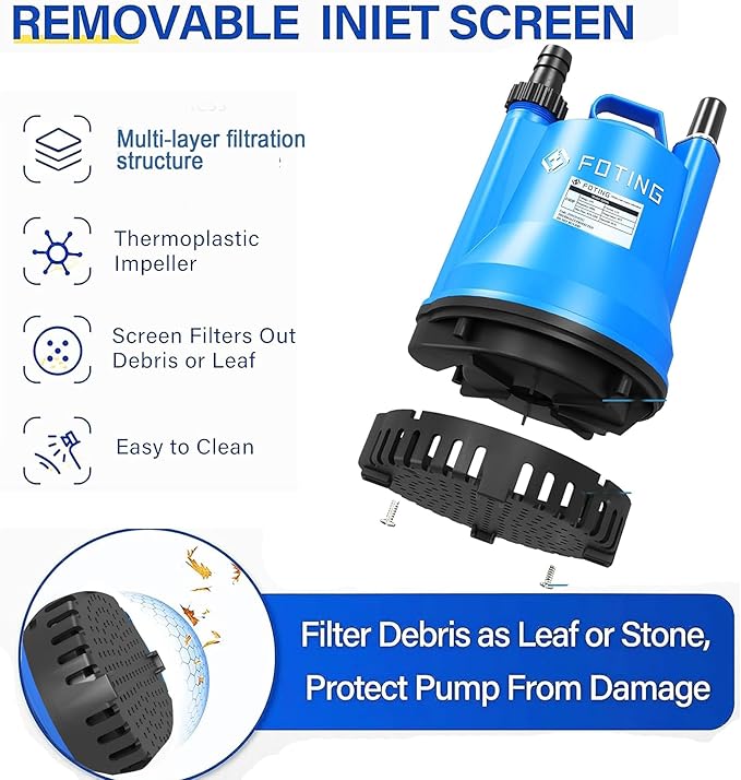FOTING Sump Pump, 1/4HP 1676GPH Portable Submersible Water Pump for Clean&Dirty Water Removal, Thermoplastic Electric Utility Pump with 10FT Cord for Pool Draining Hot Tub Garden Basement, Blue