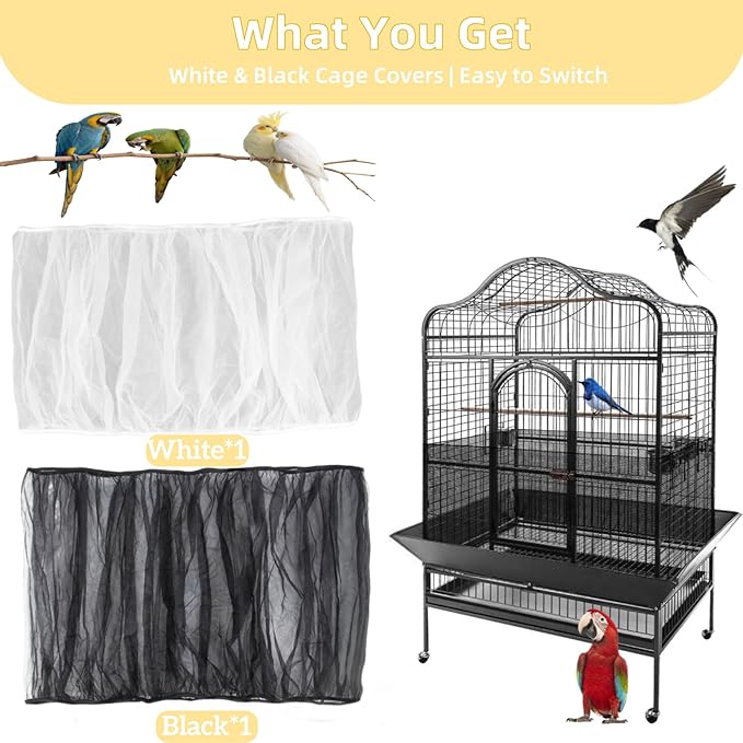 RAINFLOW 2Pcs Bird Cage Seed Catcher - Black White Bird Cage Cover, Birds Cages Netting Skirt Birds Cages Seed Catcher Guard for Parrot Parakeet Enclosures